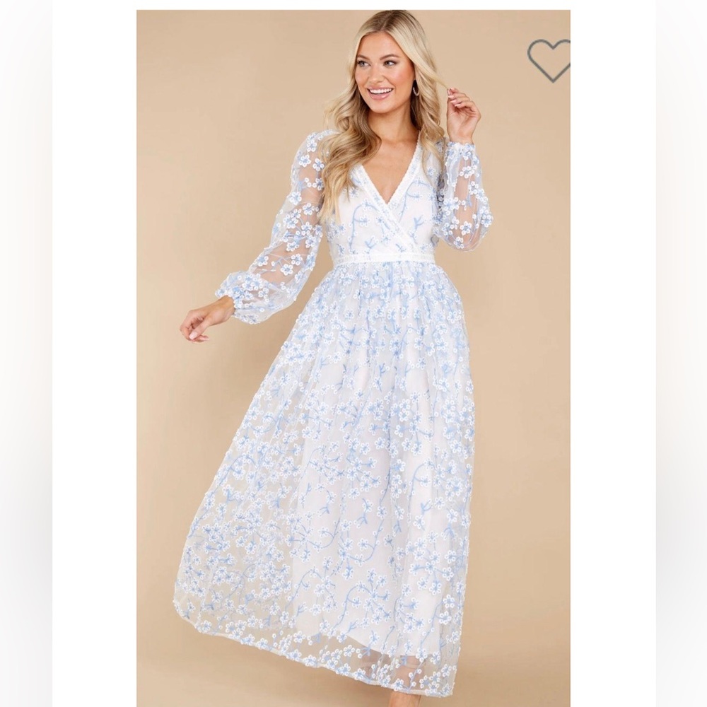 Red Dress Heavenly Sights Blue And White Floral Embroidered Maxi Dress